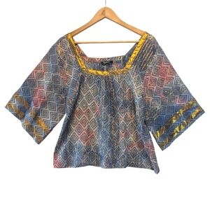 RD+Koko Blue Pink Gold Metallic Geometric Diamond Square Neck Kimono Sleeve Top